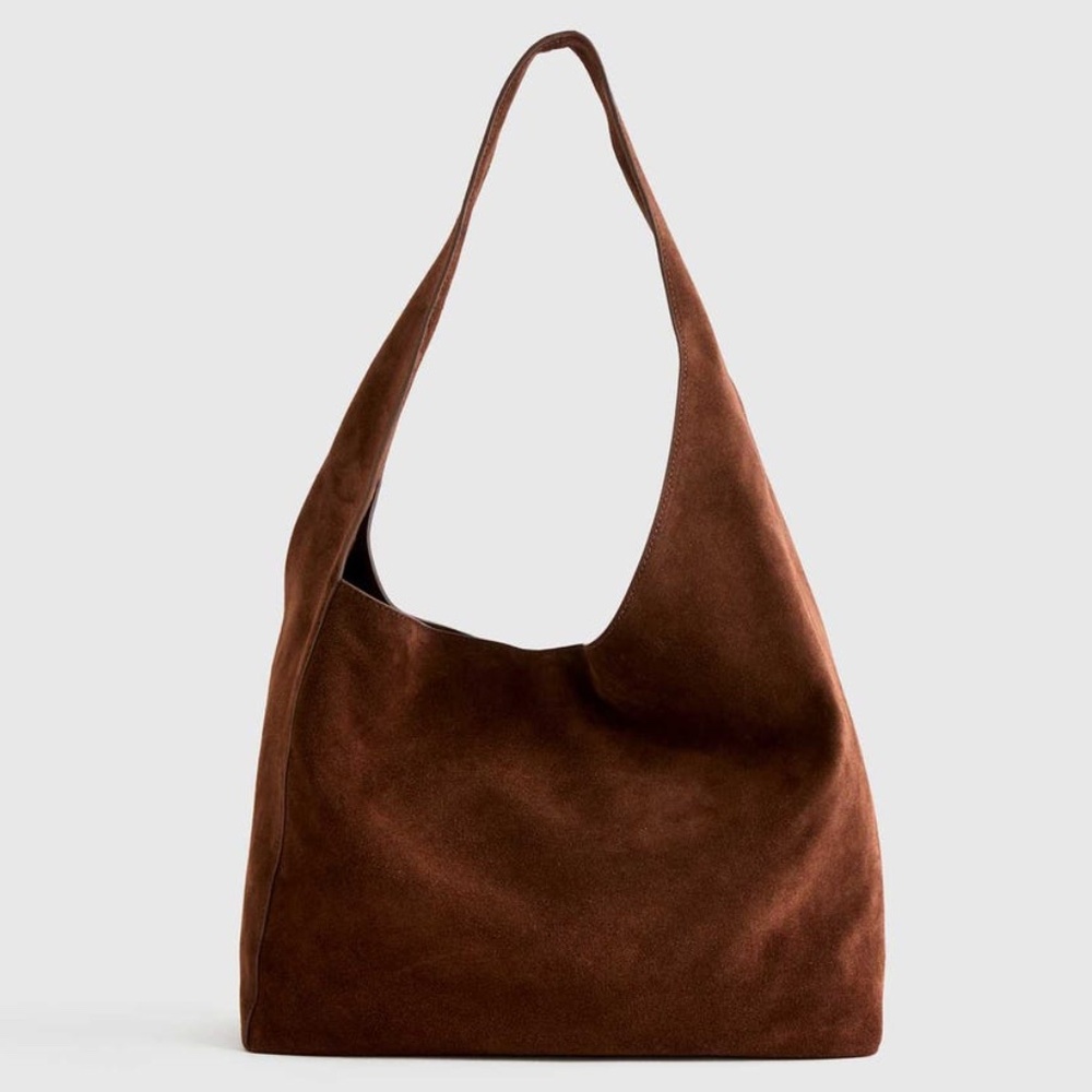 Quince Italian Suede Slouchy Shoulder Bag - Chocolate Brown Tote Purse Handbag